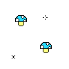 Pixelated mushroom icon with blue cap and yellow stem, surrounded by four distinct black dot patterns in different positions.