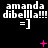 Static text-based icon with repeated 'amanda dibella!!!' and '=]' on black background, featuring pink pixelated symbols in three