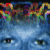 Pixelated image with blue gradient background, two dark eyes with green pupils, and colorful abstract shapes above.