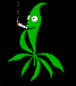 Green cannabis leaf-shaped character with a face smokes a cigarette, displaying multiple animation frames showing smoke and leaf movement against a black background.