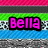 Pixelated text 'Bella' in bright pink with black outline on green background, bordered by horizontal bands of gray, blue, and pixelated patterns.