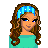 Pixel art contact sheet showing a female character named Megan in various poses and body parts with turquoise clothing, blue headband, brown hair, and heart symbols.