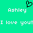 Pixelated green background with white text and a black heart symbol above the name Ashley.