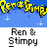 Animated contact sheet of Ren & Stimpy buddy icons showing multiple expressions and poses across 13 frames with a blue banner header containing yellow text and character sprites.