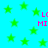 Green star shapes scattered across a bright cyan background with pink text reading "LO MI" in multiple locations.