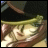 Pixelated anime-style character with dark hair and green headband, partially visible against black background with text elements.