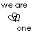 Animated sequence of three heart shapes forming a single unit, with text 'we are' above and 'one' below in pixelated font.