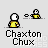 Pixelated yellow-shirted character with white head holds small object, standing beside smaller figure on gray background; text "Chaxton Chux" below.