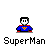 Pixelated Superman icon with blue and red costume, yellow 'S' shield, and white face, displayed in a with text labels