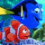 Blue fish with yellow fin and white eye next to orange fish with white stripes on blue background with green text.