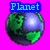 Pixelated globe icon with green landmasses and blue water, featuring text labels above or below the sphere on a bright pink background.