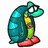 Pixelated cartoon character with teal shell, green limbs, red shoes, and white eyes holding a yellow object against white background.