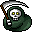 Pixel art of a hooded figure with skull face holding scythe, six variations showing eye color and expression changes.