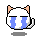 Pixelated cartoon cat head with closed eyes, blue tears streaming down white face, peach ears, black outline, gray tail on left side.