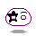 Pixel art contact sheet of 8 animated frames showing a white round character with purple outline and black star on left eye, displaying various facial expressions including closed eyes, open eyes, wide mouth, and side views.