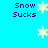 Pixelated blue background with repeated 'Snow Sucks' text and yellow snowflakes in a pattern