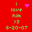 Red background displays green text 'i love him x3 8-20-07' with a pink heart or purple sparkles replacing the heart in different frames.