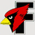 Red cardinal head with yellow beak and black eye against white background, basketball hoop net with orange ball, black background with red #15 text, gray background