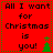 Red background with black text reading 'All I want for Christmas is you!' and green pixelated tree icons in four quadrants.