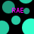 Pixelated teal circles and partial circles on black background with pink 'RAE' text in four locations.
