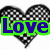 A heart-shaped icon with a black-and-white checkered pattern displays multiple text overlays in different colors and positions