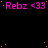 A black background with repeated pink text 'Rebz <33' and scattered orange dots, with a gray rectangle in the bottom-right corner.