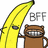 Pixelated yellow banana with a face holds a brown coffee mug with a smiling cat face, next to gray 'BFF' text on white background.