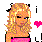 Pixelated cartoon-style icon of a blonde woman with blue eyes wearing a pink top, next to text and a heart symbol on white background.