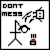 Pixelated black-and-white image with text "DONT MESS" at top left, a stylized flag, a bottle with brown liquid, and abstract shapes on white background.