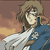 Anime character in blue uniform with white scarf and skull-and-crossbones emblem, shown across four of animation
