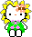 Pixel art Hello Kitty avatar with yellow spiky hair, pink flower with brown center, green and pink dress, white body, black eyes, orange nose, standing against gray background.