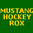 Four display yellow text 'MUSTANG HOCKEY ROX' on green, light green, white, and pale green backgrounds with pixelated rendering