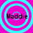 Four identical circular cyan rings on a bright pink background, each containing the text 'Maddie' in black pixelated font.