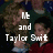 Two people in red jackets stand side-by-side with a third person behind them, text overlay reads "Me and Taylor Swift".