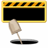 Animated sequence showing a construction sign and shovel interacting with a hole in the ground, displaying multiple states of placement.