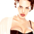 Pixelated static image of a woman with brown hair wearing a dark strapless top, visible chest area, and red lips against a white background.