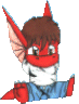 Red cartoon character with brown hair and large ears wears blue shirt, displays sequential mouth expressions including open beak, closed eyes, and yellow particle effects.