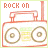 identical cartoon boombox icons with 'rock on' text above each, rendered in red and green tones