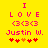 Yellow background with pink text and symbols: 'I LOVE <3<3<3' above 'Justin W.' followed by five heart icons, two red hearts on left, one orange in center, three red on right.