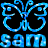 Static pixelated blue icon featuring a stylized butterfly-like shape above the text "BAM" on black background.