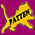A 2x2 contact sheet of four animated frames showing a yellow running cat mascot with 'PATTEN' text on magenta background and a pixelated sword-like object on teal background.