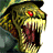 Pixelated creature with greenish-brown fur, red eye, yellow fangs, and dark mouth interior against a blurred background.