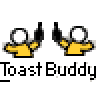 Pixel art contact sheet showing three frames of an animated toast-themed buddy icon with yellow stick figures holding black toasters against a gray background, featuring text elements including "badassbuddy.com" and repeated "Toast Buddy" labels.
