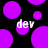 Black background with scattered purple circles and two instances of the text 'dev' in white pixelated font.