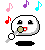 Pixelated character with microphone and musical notes in two expressions against gray background.