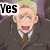 Animated pixel art of a blonde anime character in a dark suit with a green tie, showing three sequential expressions with text overlays.