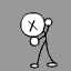 A 4x3 contact sheet of a stick figure animation with a large X-shaped object, showing sequential motion across 12 frames on a gray background.