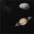Pixelated space scene with two celestial bodies against a dark background, one large ringed planet and one smaller moon-like sphere.