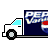 Pixelated white delivery truck with blue-tinted window and dark gray wheels, carrying a large Pepsi-Cola branded container featuring red-white-blue logo elements.