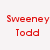 A collage of six grayscale and color images featuring characters from a film, with red text reading "Sweeney Todd" on the left.
